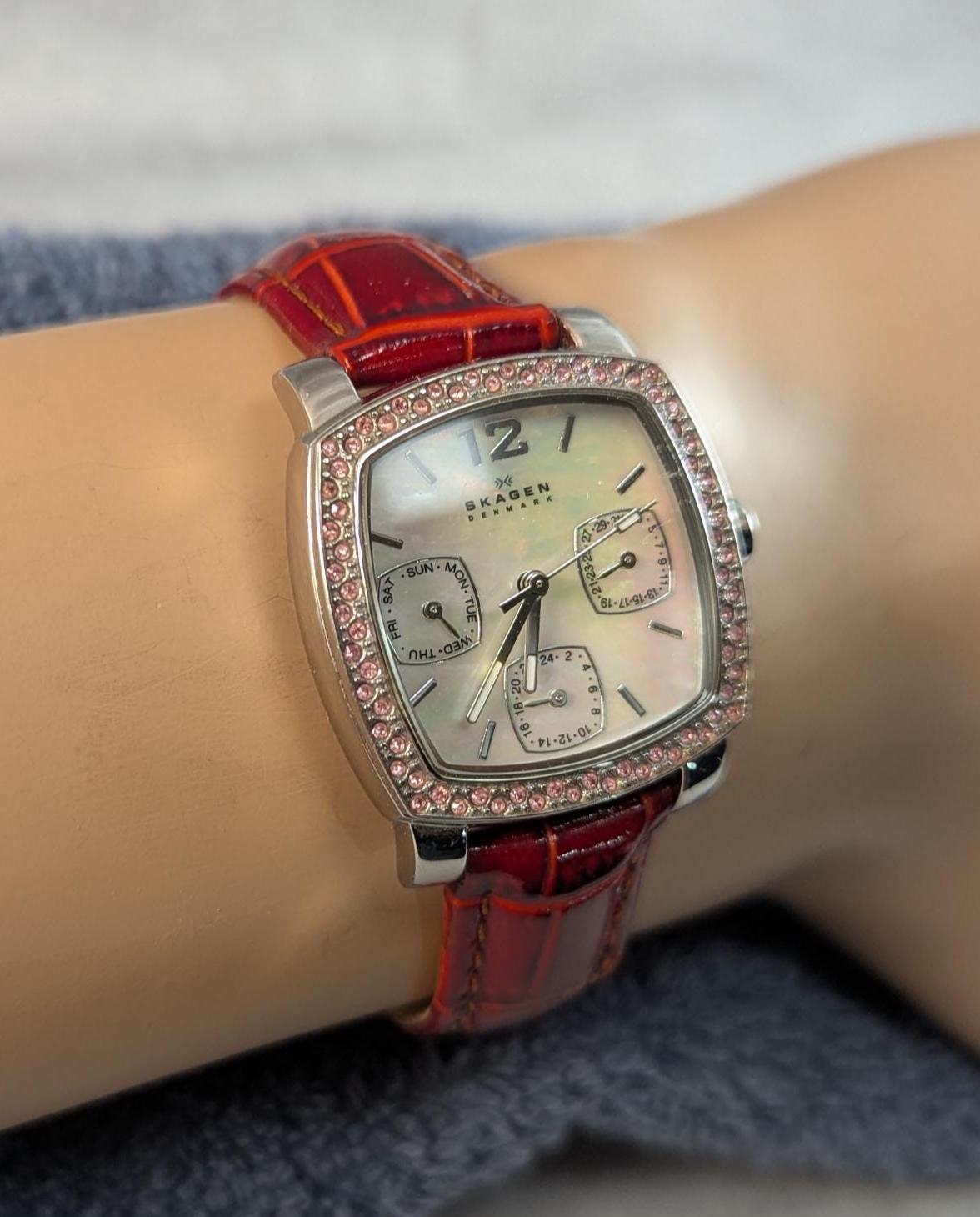 Skagen Mother of Pearl Crystal Watch: Stainless Steel & Leather Strap