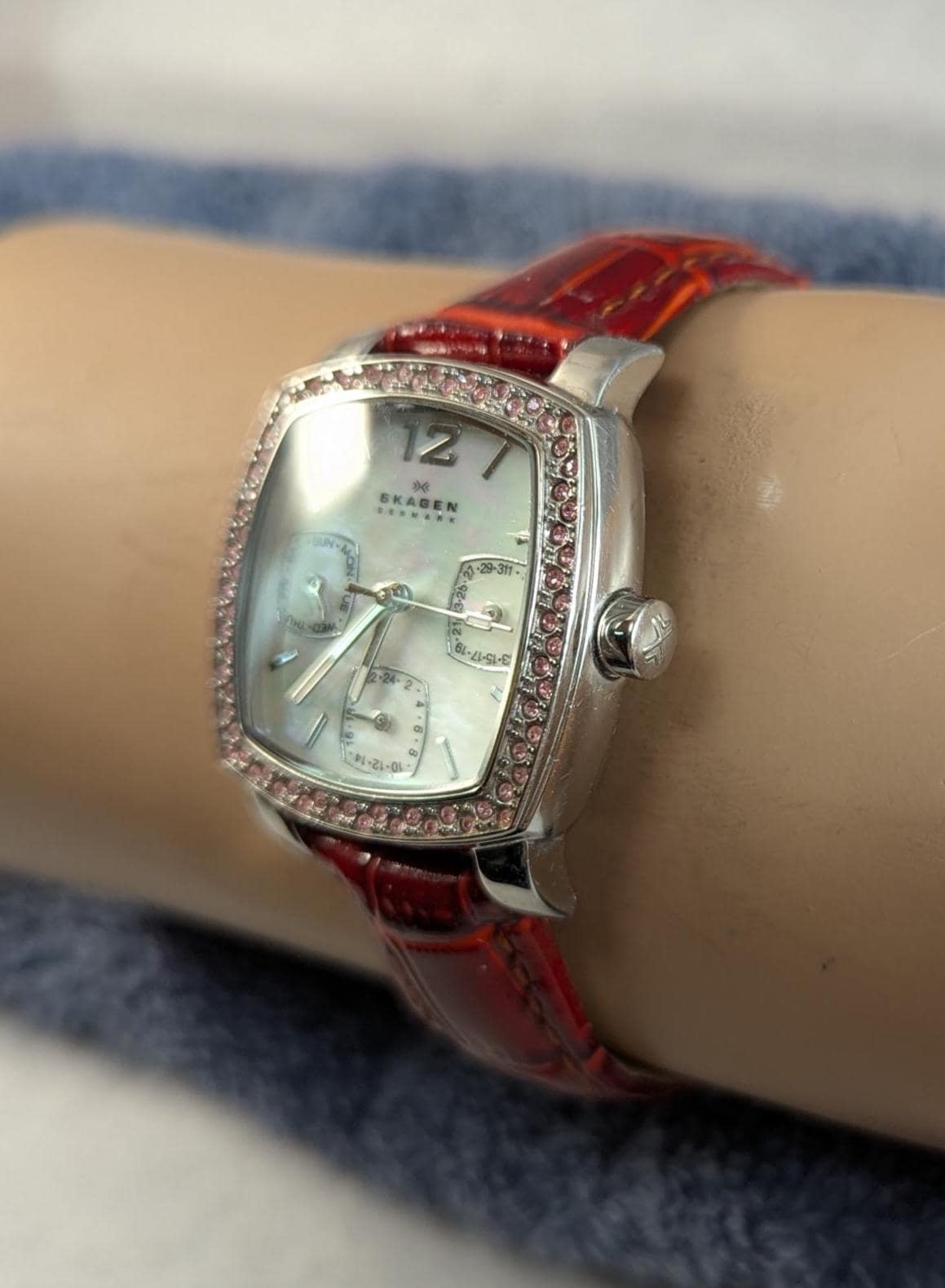 Skagen Mother of Pearl Crystal Watch: Stainless Steel & Leather Strap