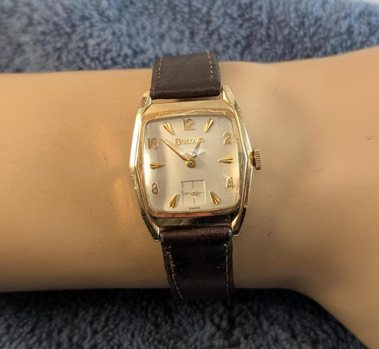 A 1962 Bulova Senator "Q" Variant Men's Watch - Unusual 10 KT Rolled Gold Bezel Leather Band Fine 17 jewel Swiss Movement. Keeping Good Time