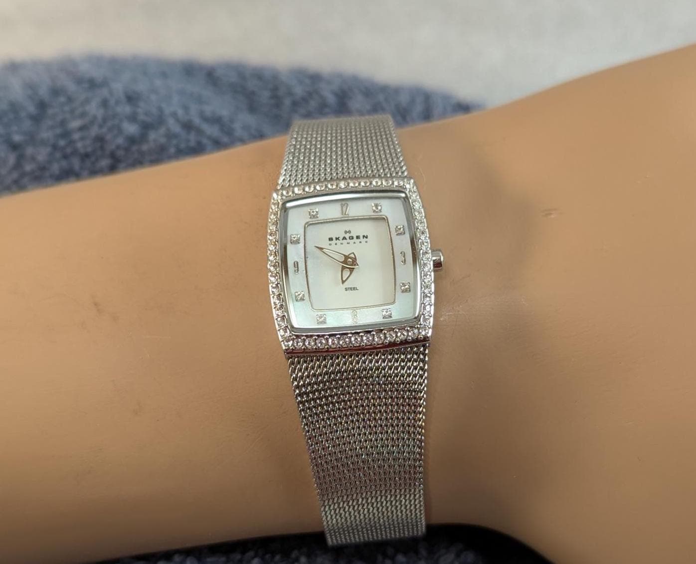 Skagen Mother of Pearl Crystal Watch: Stainless Steel Bracelet