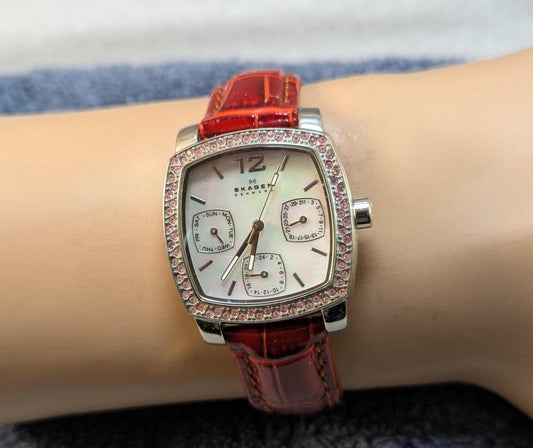 Skagen Mother of Pearl Crystal Watch: Stainless Steel & Leather Strap