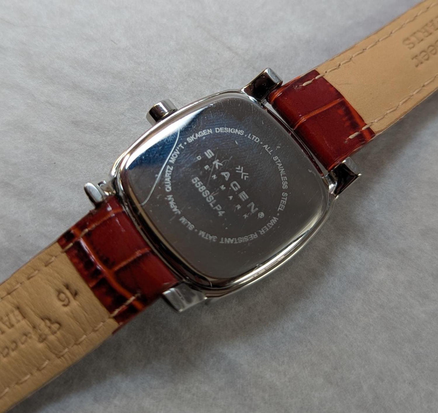 Skagen Mother of Pearl Crystal Watch: Stainless Steel & Leather Strap