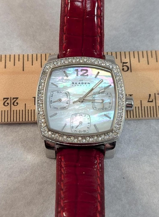 Skagen Mother of Pearl Crystal Watch: Women's Silver Leather Band