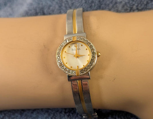 Vintage Bulova Crystal Accented Ladies Watch Two-Tone Bracelet, White Dial Quartz