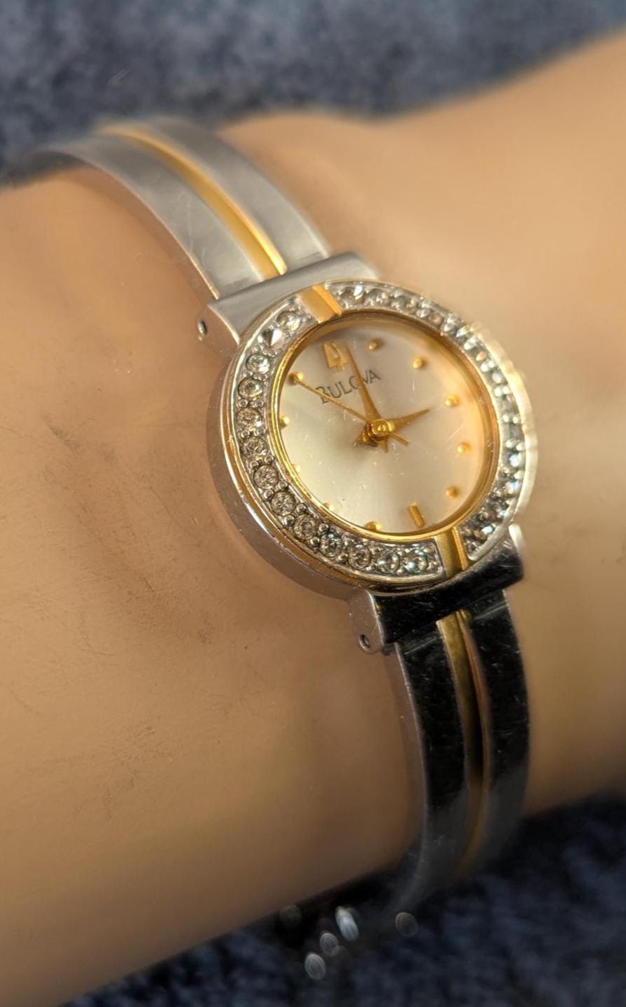 Vintage Bulova Crystal Accented Ladies Watch Two-Tone Bracelet, White Dial Quartz