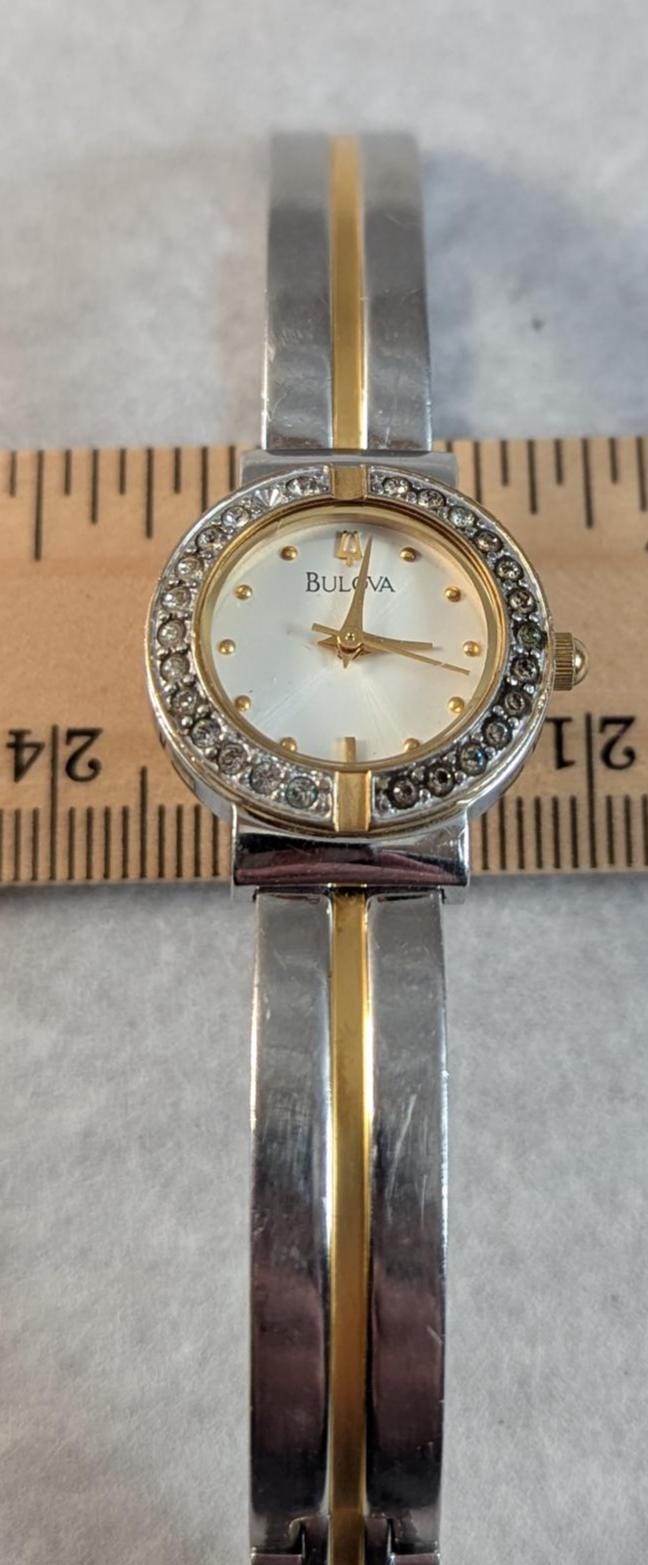 Vintage Bulova Crystal Accented Ladies Watch Two-Tone Bracelet, White Dial Quartz