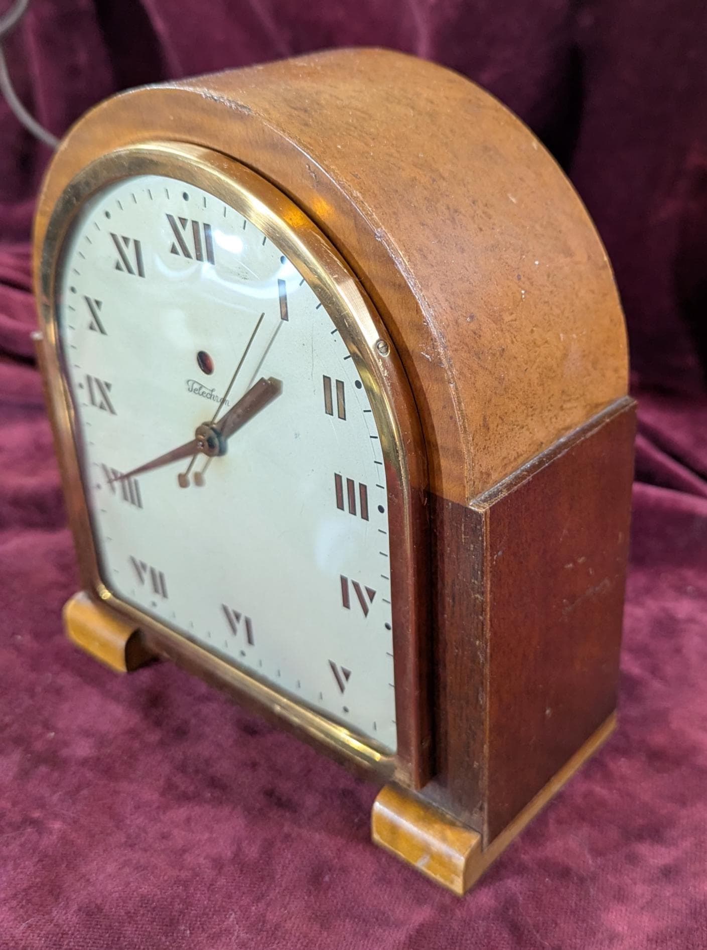1930s Art Deco Telechron Electric Mantle Clock Mahogany & Maple "The Doric"