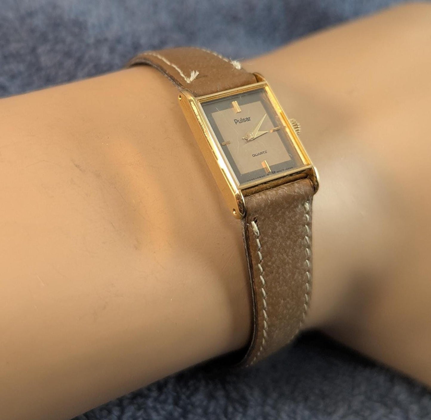 Ladies Pulsar V232-5520 Watch: Two-Tone Dial, Gold Bezel, Leather Band