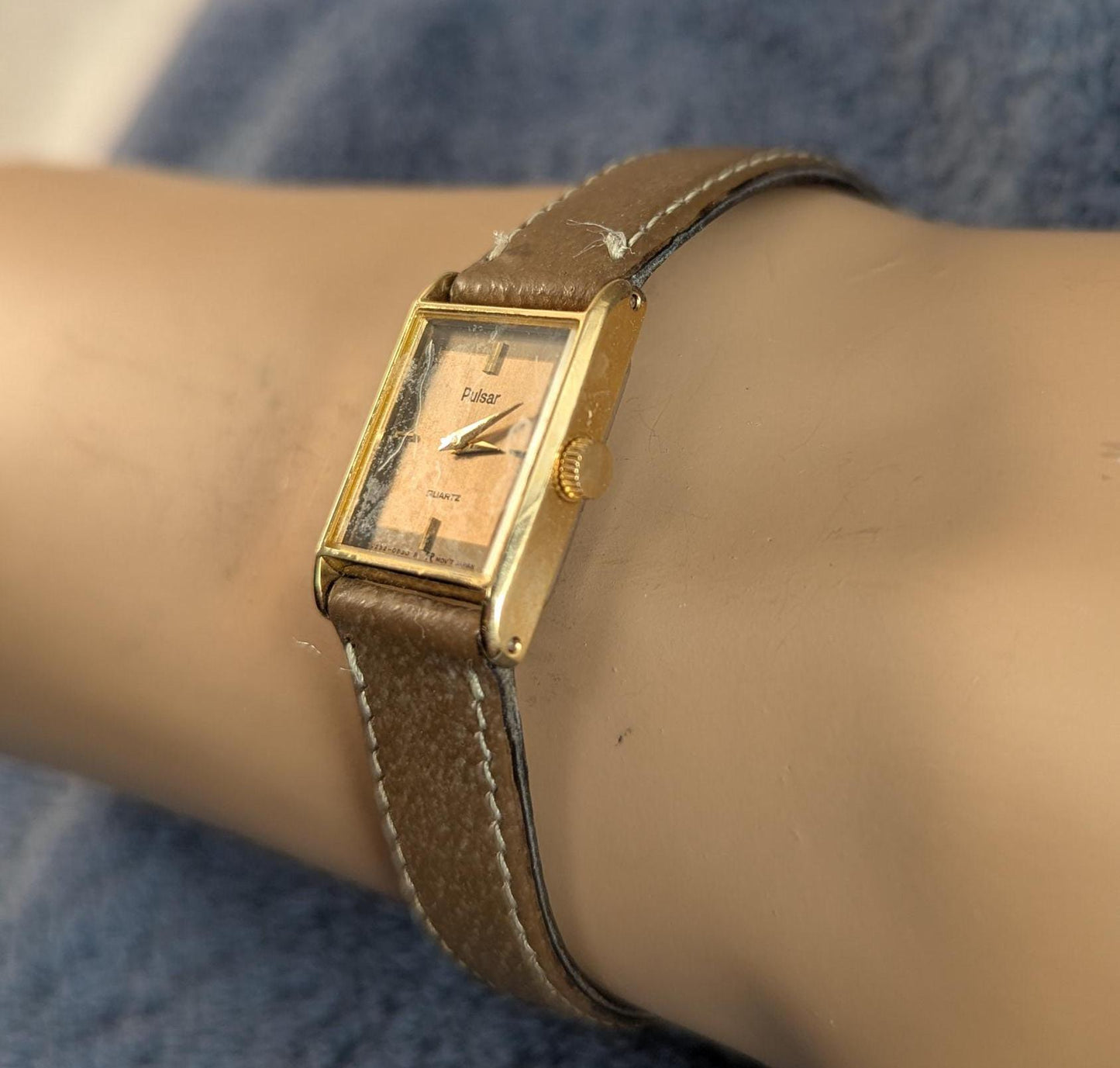 Ladies Pulsar V232-5520 Watch: Two-Tone Dial, Gold Bezel, Leather Band