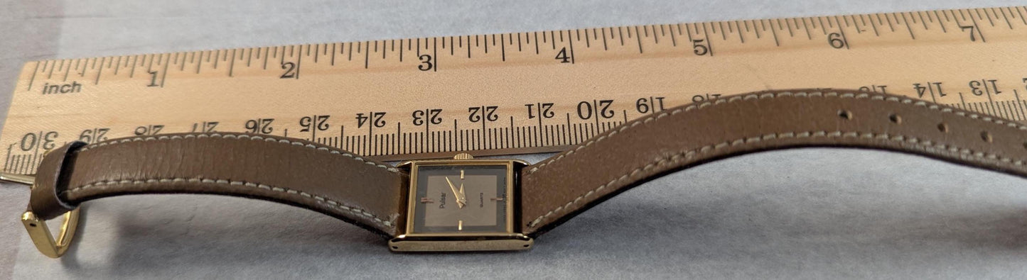 Ladies Pulsar V232-5520 Watch: Two-Tone Dial, Gold Bezel, Leather Band