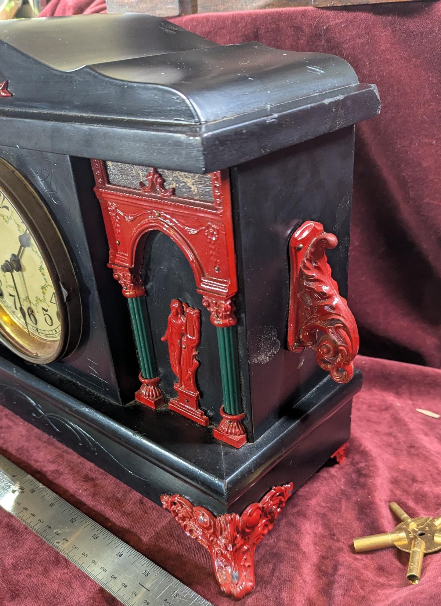 Chiming Sessions Mantel Clock 8 Day Working Ebonized Wood, Red Accents, Scroll Feet