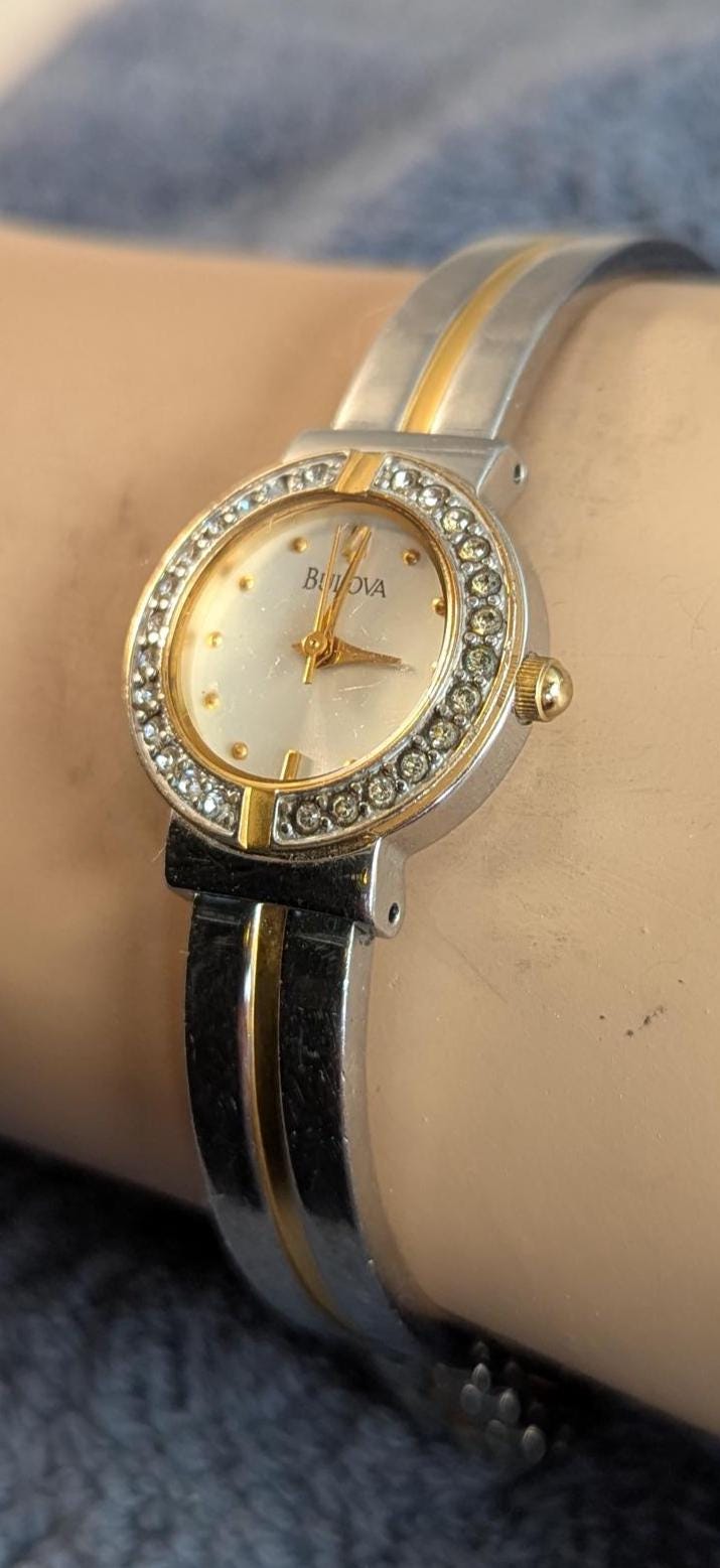 Vintage Bulova Crystal Accented Ladies Watch Two-Tone Bracelet, White Dial Quartz
