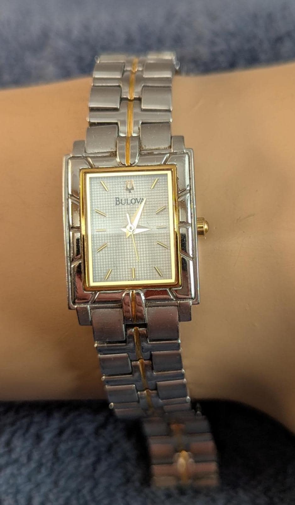 Awesome Bulova Ladies Watch Two Tone Model C9671103 White Dial with Bezel Accents - Small Stainless Steel Band - Working with New Battery