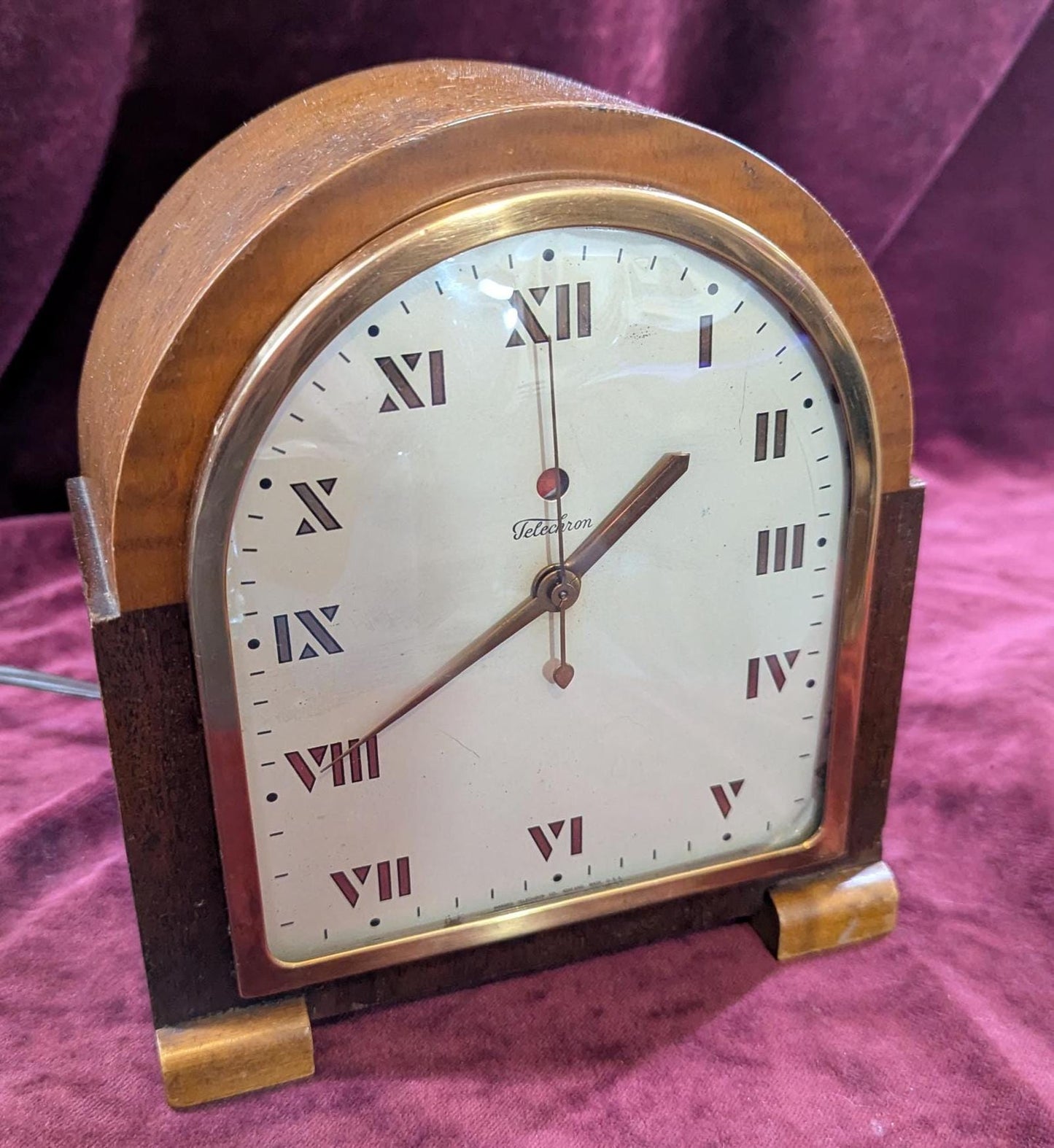1930s Art Deco Telechron Electric Mantle Clock Mahogany & Maple "The Doric"