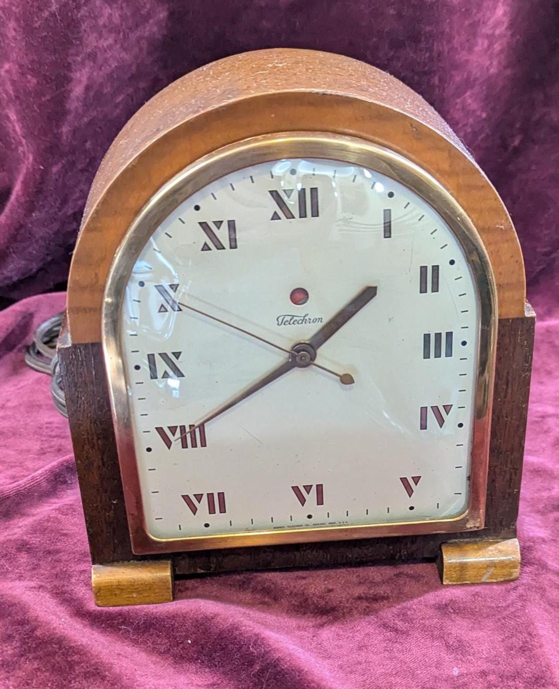 Art Deco Telechron Electric Mantle Clock: Mahogany & Maple "The Doric"