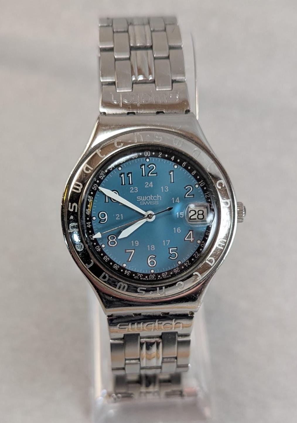 Vintage 1993 Swatch Irony Chronograph Watch: Swiss Stainless Steel, Blue Dial