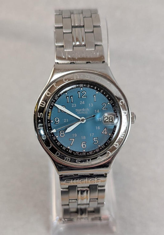 Vintage 1993 Swatch Irony Chronograph Watch: Swiss Stainless Steel, Blue Dial