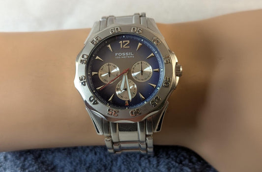 Fossil Blue Dial Chronograph Watch: Stainless Steel, Lume Hands, Small Band