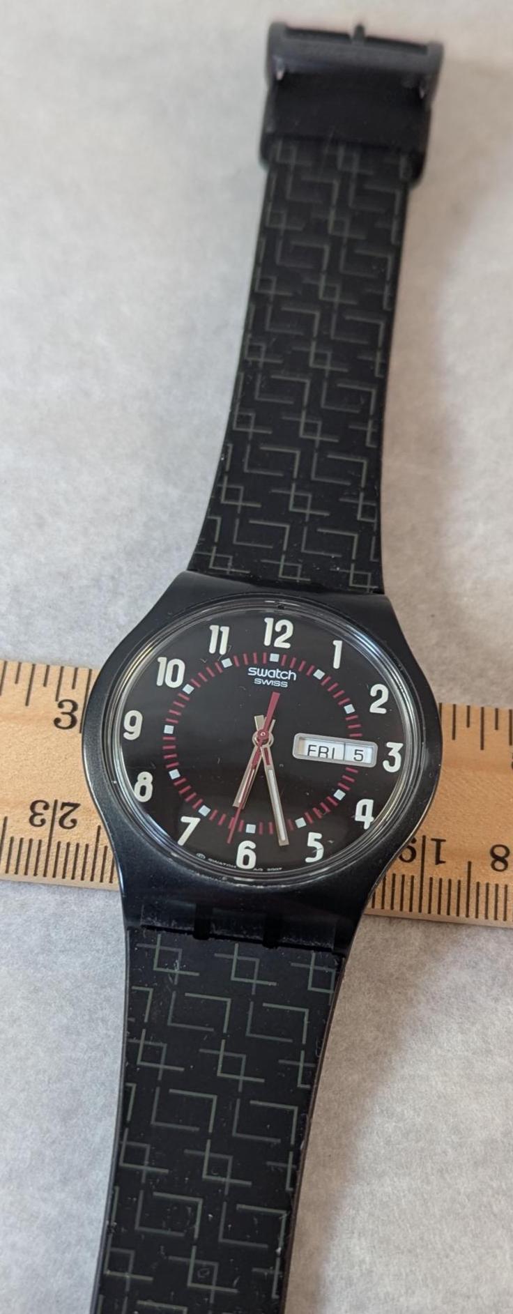 Vintage Swatch Day Date Watch Black Geometric Strap, 2007 'Living Swiss' Model