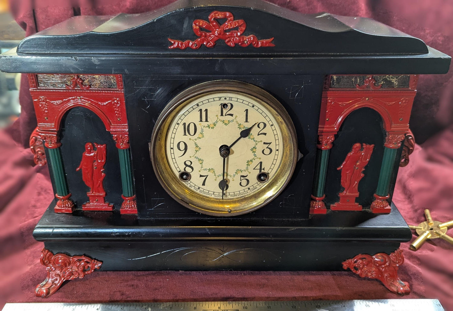 Chiming Sessions Mantel Clock 8 Day Working Ebonized Wood, Red Accents, Scroll Feet