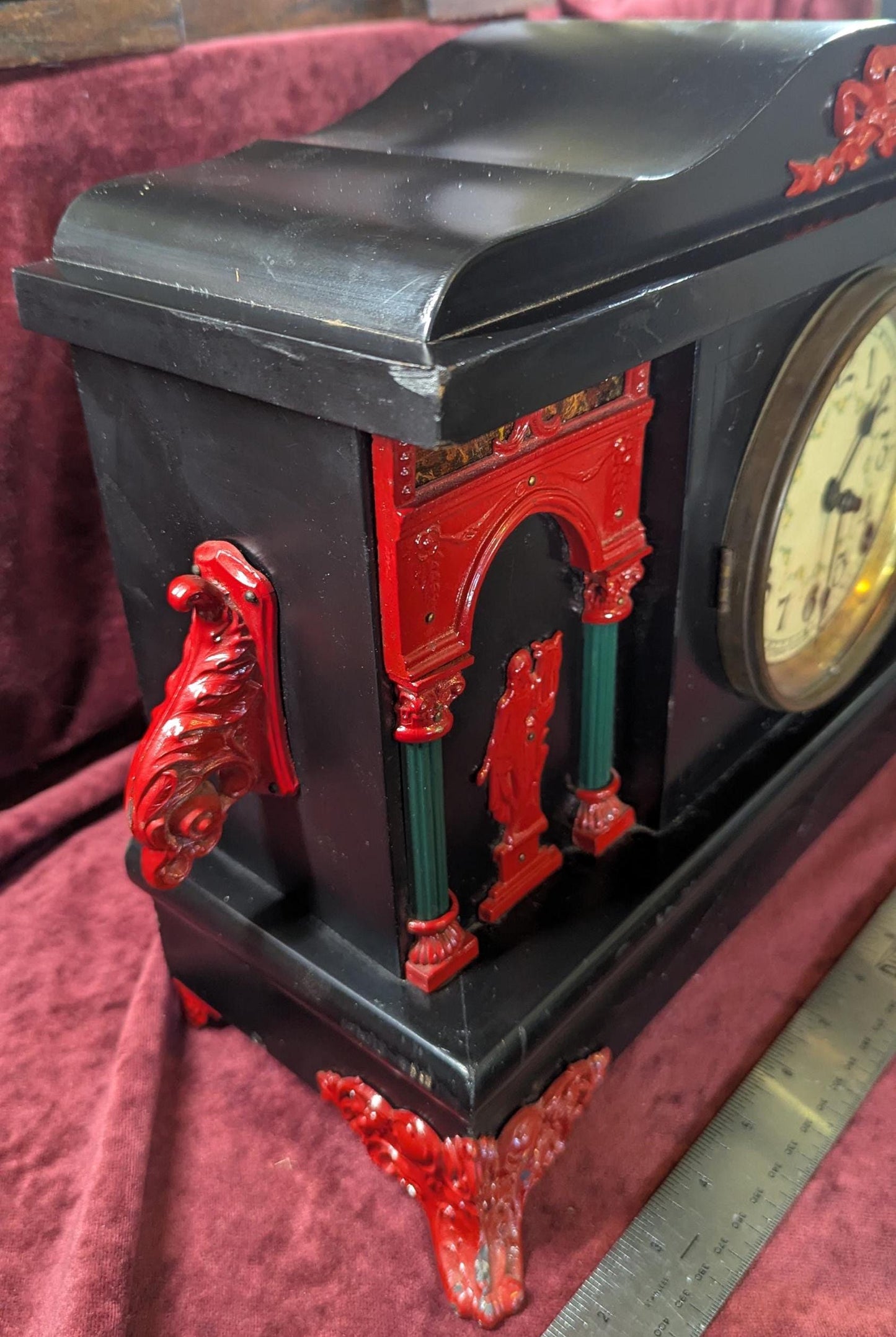 Chiming Sessions Mantel Clock 8 Day Working Ebonized Wood, Red Accents, Scroll Feet