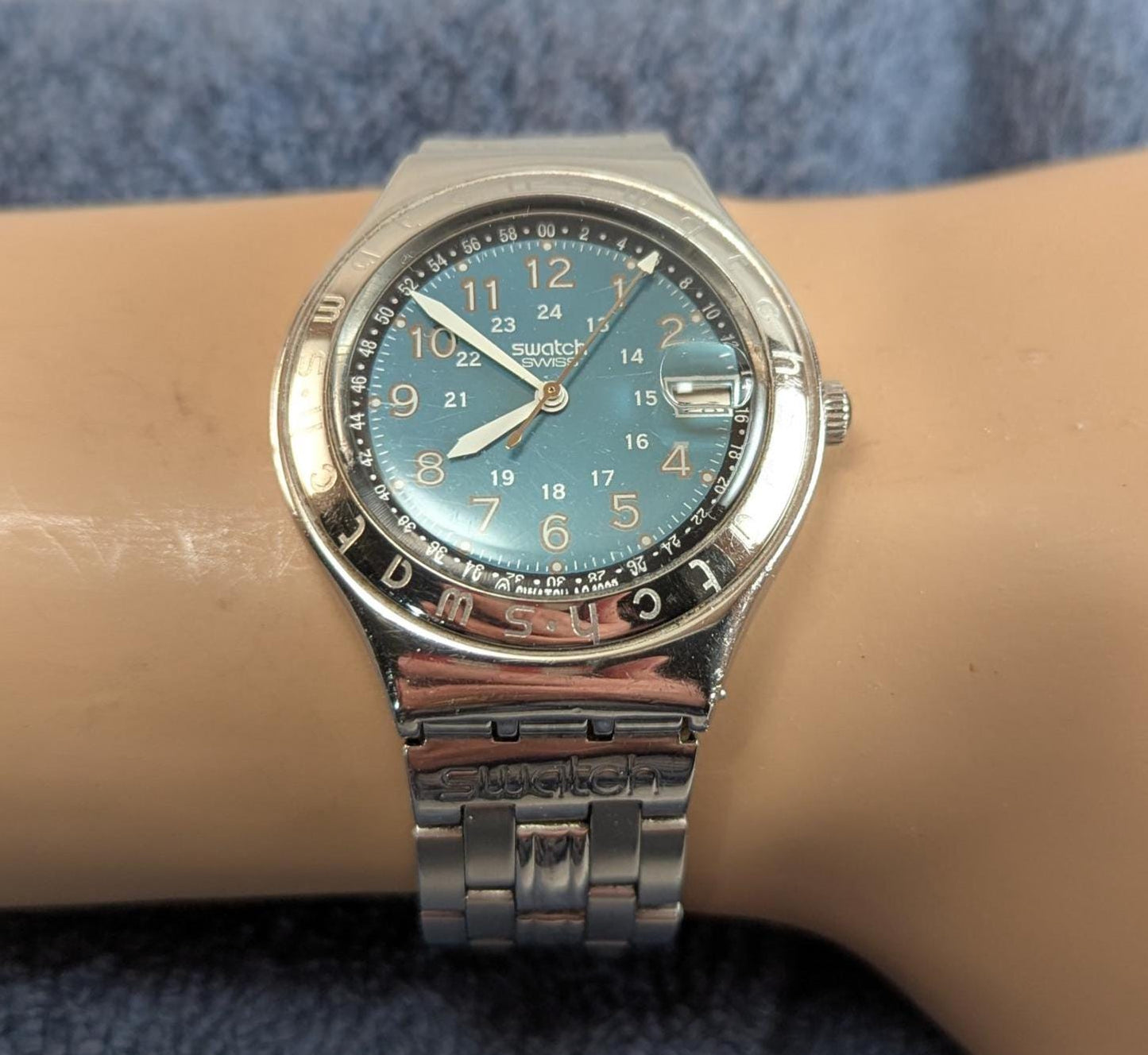 Vintage 1993 Swatch Irony Chronograph Watch: Swiss Stainless Steel, Blue Dial