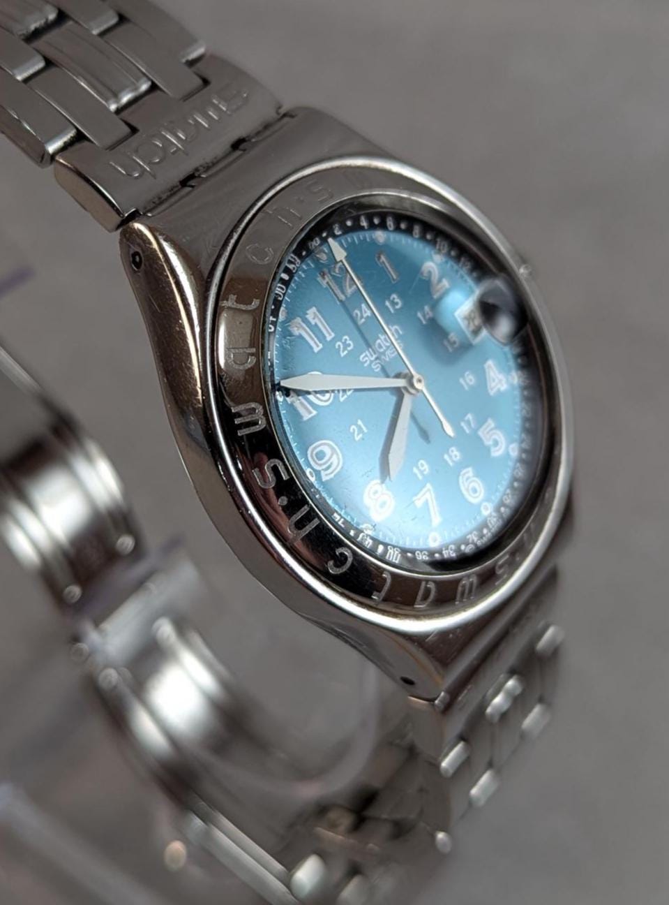 Vintage 1993 Swatch Irony Chronograph Watch: Swiss Stainless Steel, Blue Dial