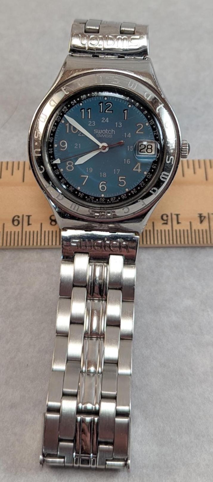 Vintage 1993 Swatch Irony Chronograph Watch: Swiss Stainless Steel, Blue Dial