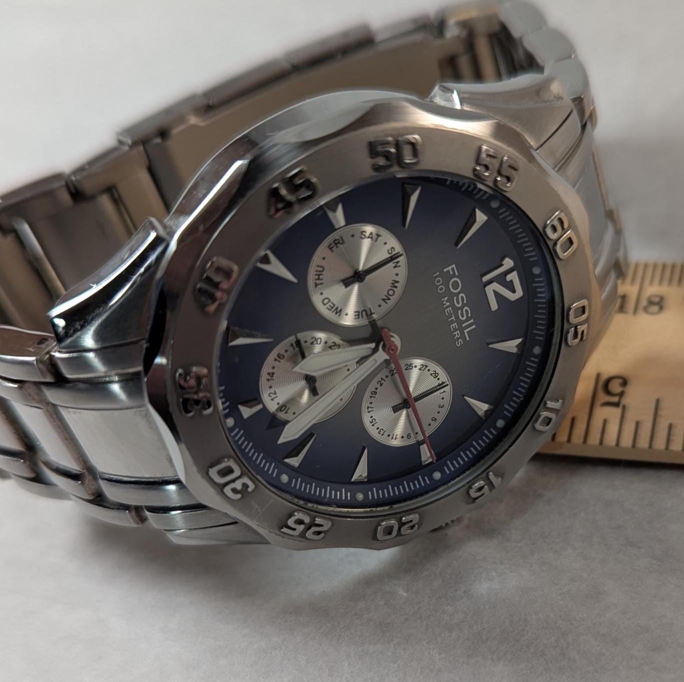 Fossil Blue Dial Chronograph Watch: Stainless Steel, Lume Hands, Small Band