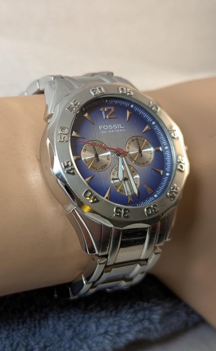 Fossil Blue Dial Chronograph Watch: Stainless Steel, Lume Hands, Small Band