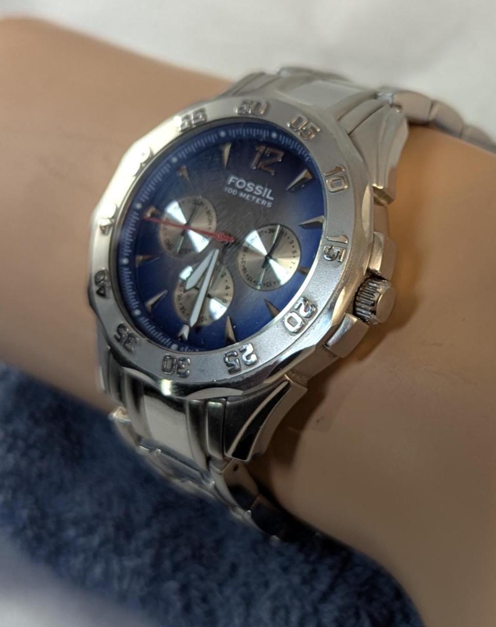 Fossil Blue Dial Chronograph Watch: Stainless Steel, Lume Hands, Small Band
