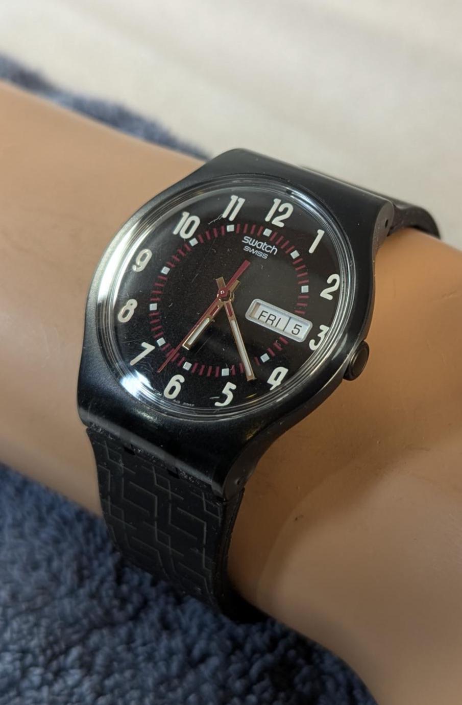 Vintage Swatch Day Date Watch Black Geometric Strap, 2007 'Living Swiss' Model