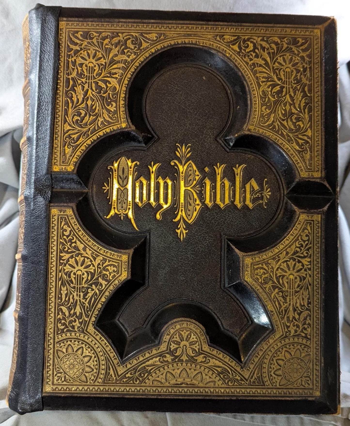 ca 1870s Antique Leather Holy Bible Holman Parallel Edition Illustrated with Concordance and Dictionary