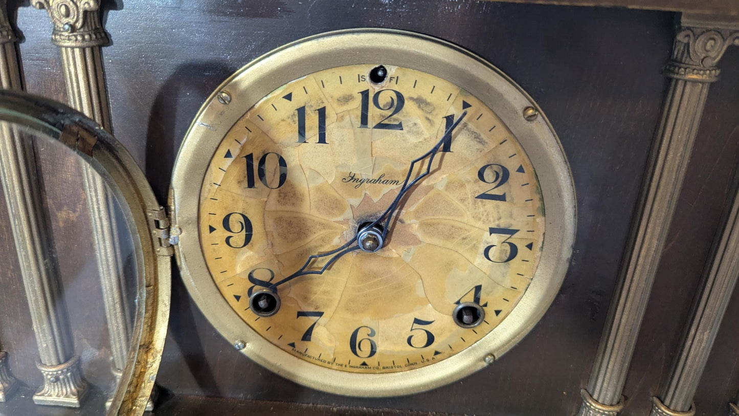 Antique E Ingraham Mantle Clock: Wood Case, Gold Accents, Scroll Feet