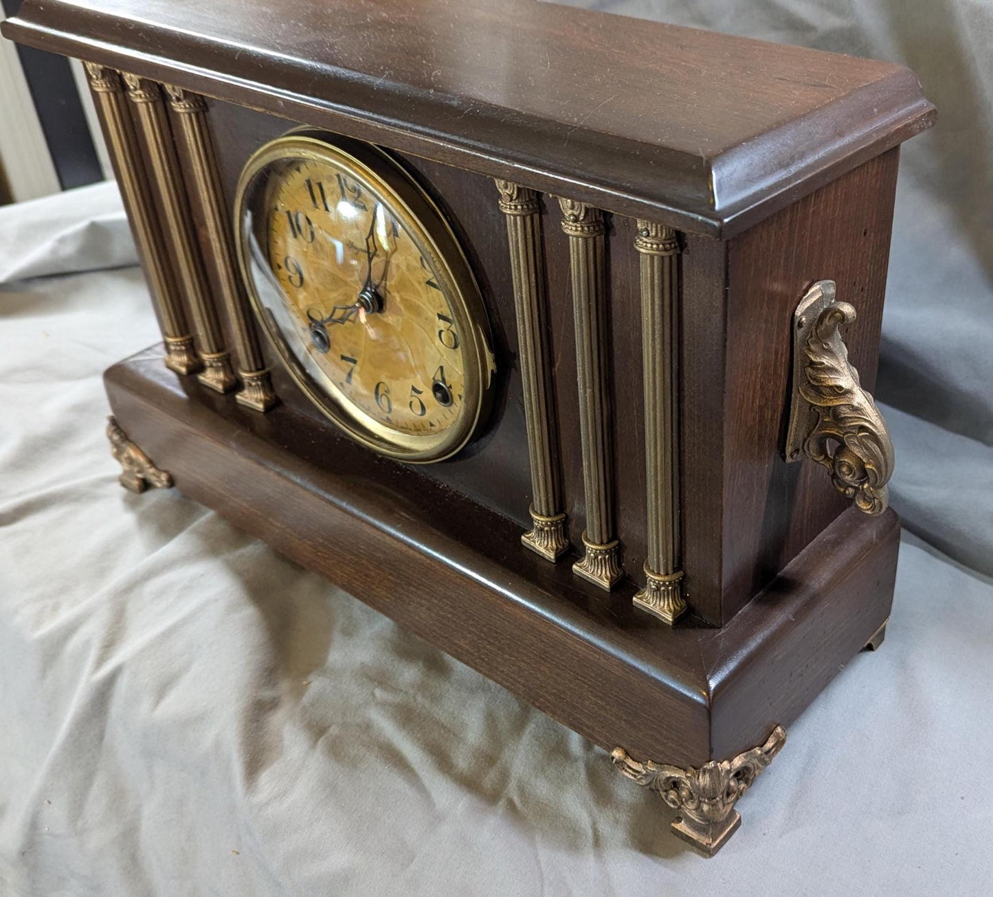 Antique E Ingraham Mantle Clock: Wood Case, Gold Accents, Scroll Feet