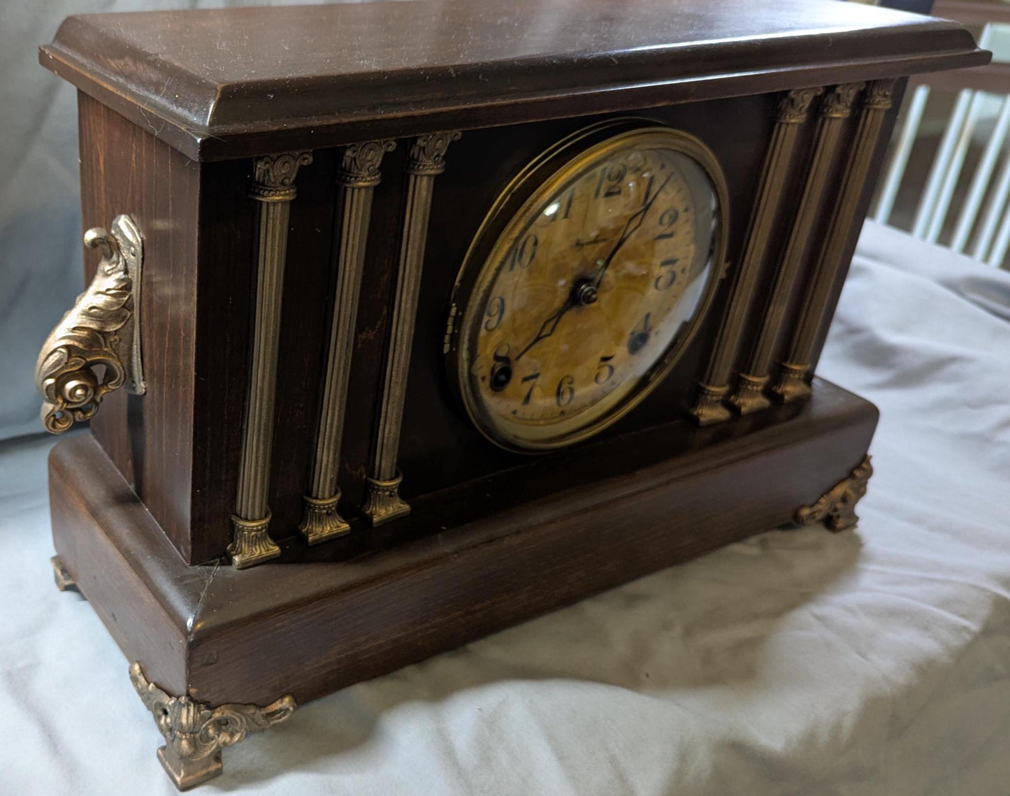 Antique E Ingraham Mantle Clock: Wood Case, Gold Accents, Scroll Feet