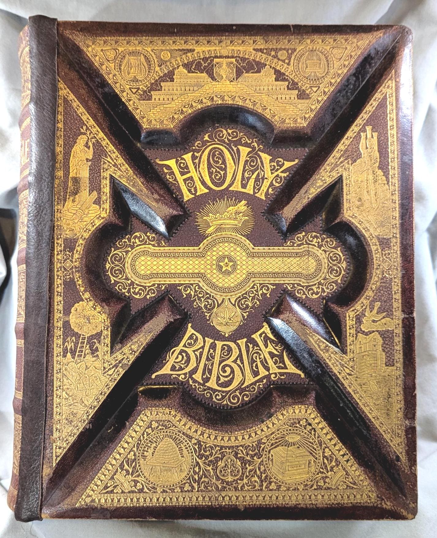 Antique 1887 Holy Bible  Parallel Edition Large Embossed Leather Cover, Color Illustrations