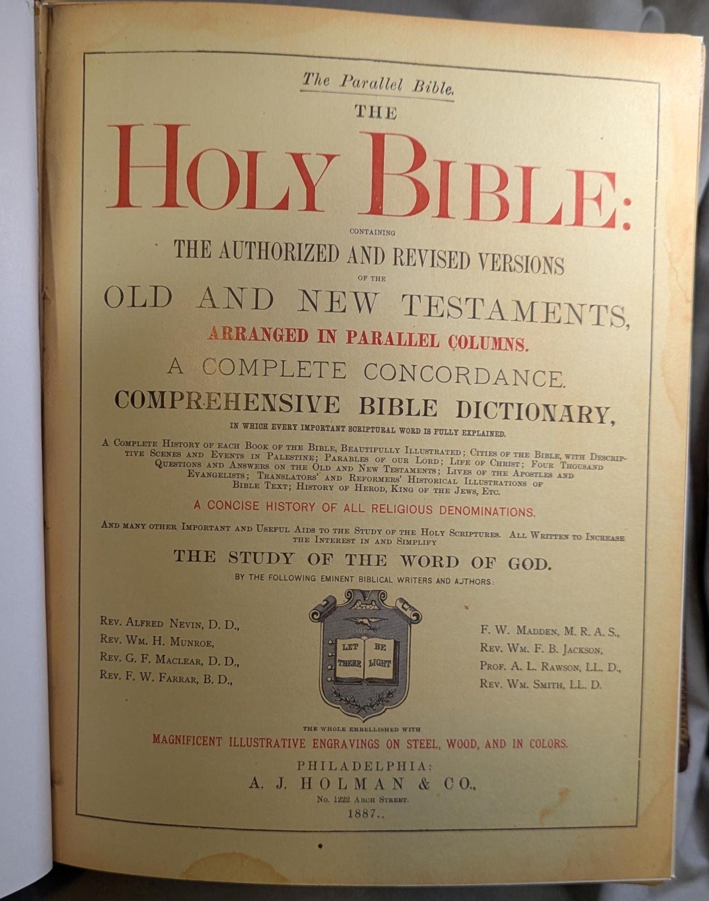 Antique 1887 Holy Bible  Parallel Edition Large Embossed Leather Cover, Color Illustrations