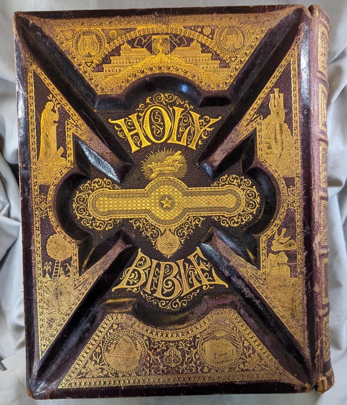Antique 1887 Holy Bible  Parallel Edition Large Embossed Leather Cover, Color Illustrations