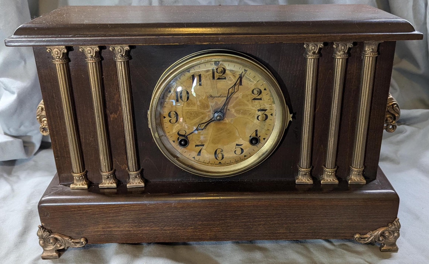 Antique E Ingraham Mantle Clock: Wood Case, Gold Accents, Scroll Feet