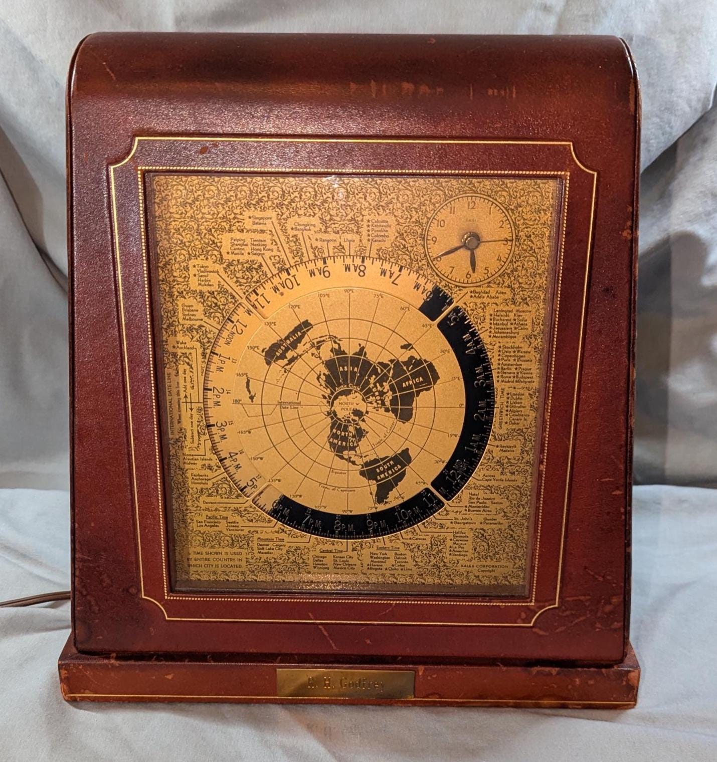 Vintage Kalex World Desk Clock 1950s Leather Covering