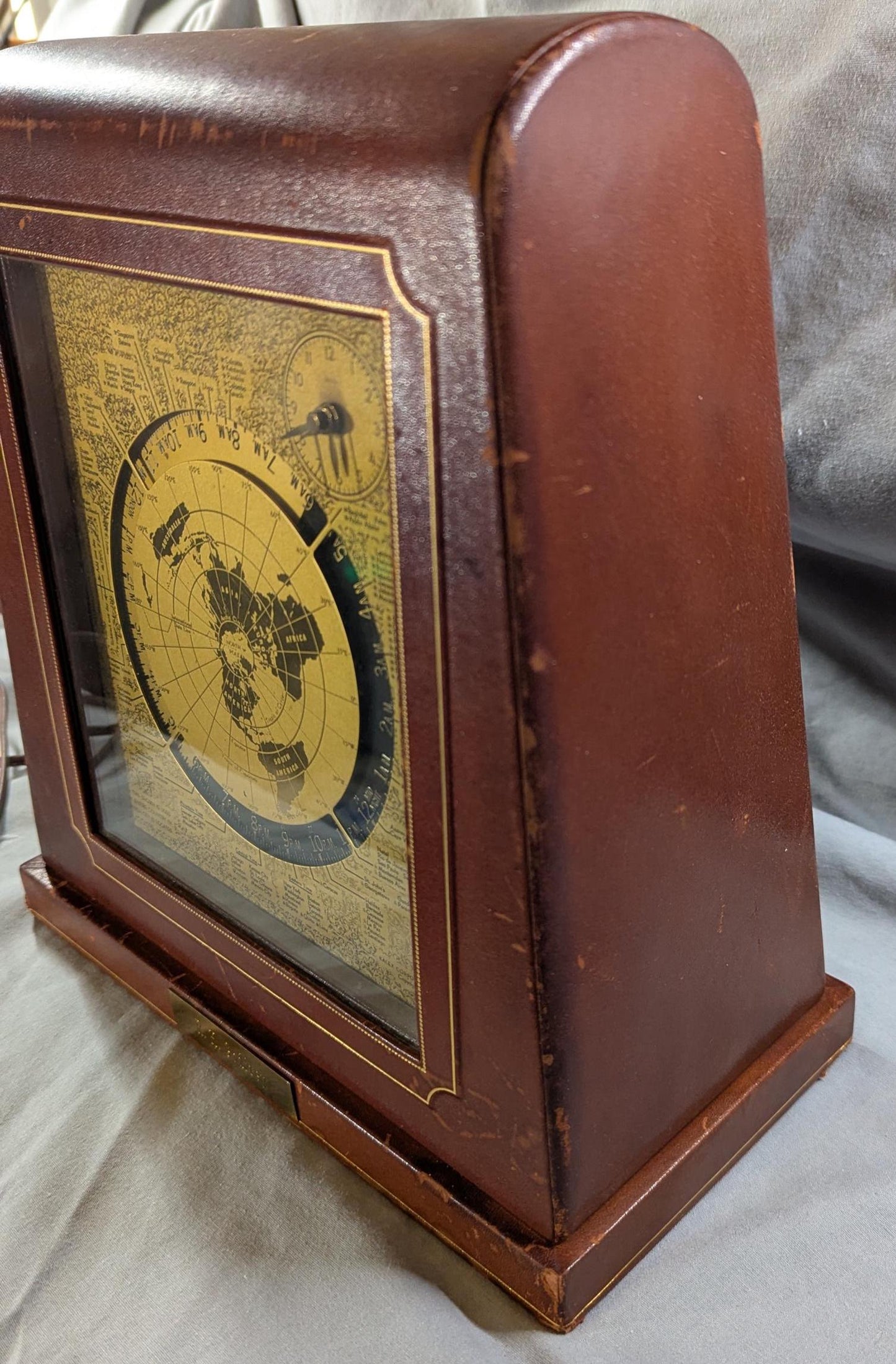 Vintage Kalex World Desk Clock 1950s Leather Covering