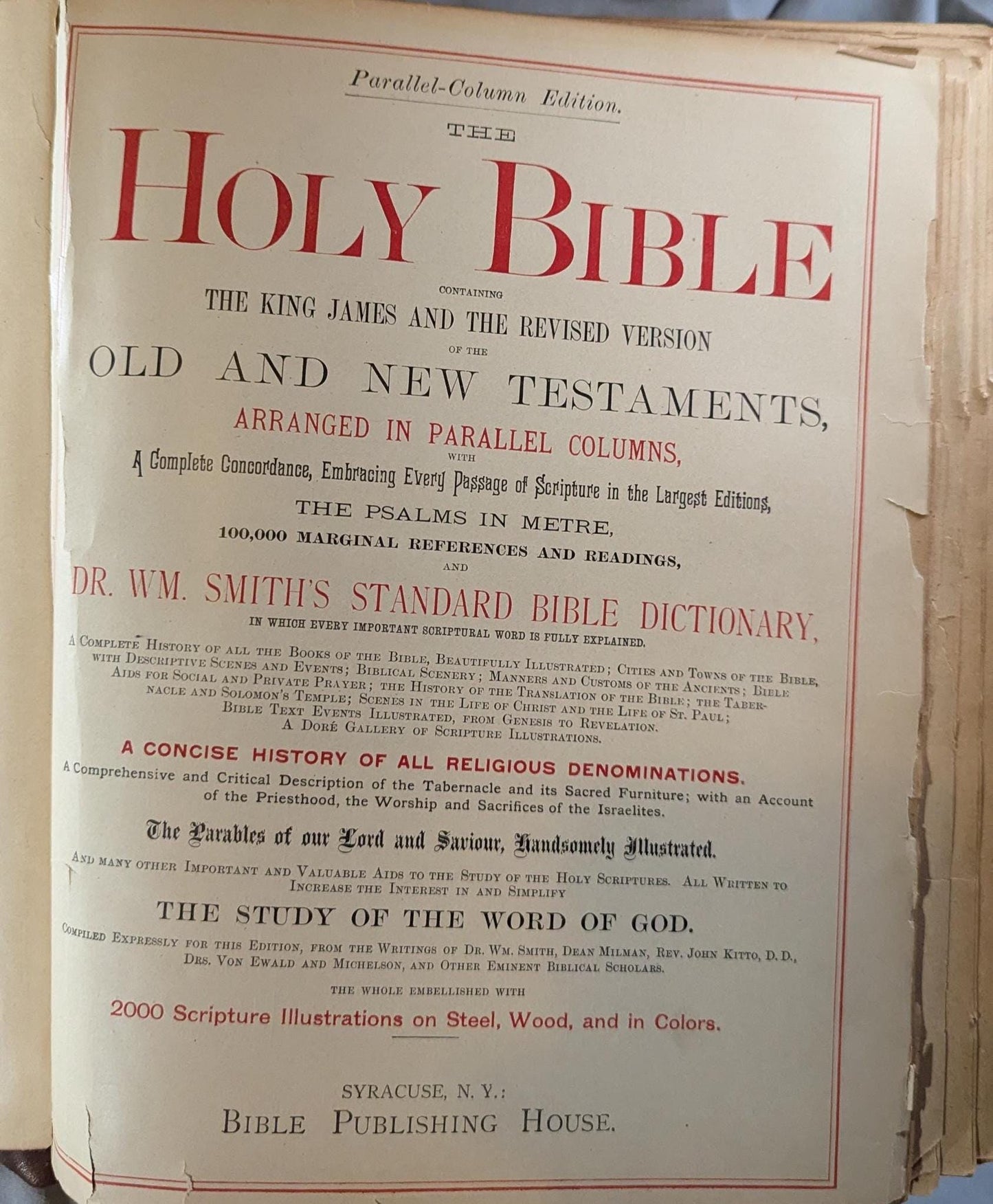 Antique Embossed Leather Holy Bible 1886 Clasps Illustrated Color Parallel Edition