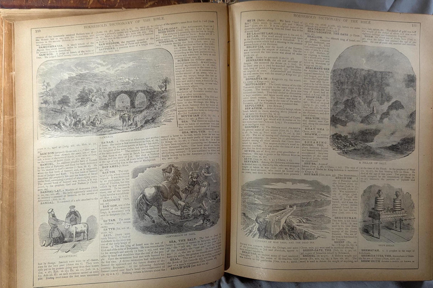 Antique Embossed Leather Holy Bible 1886 Clasps Illustrated Color Parallel Edition