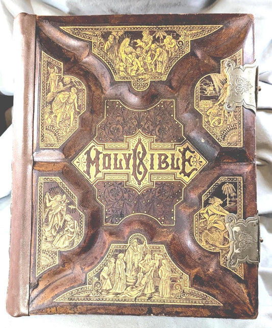 Antique Embossed Leather Holy Bible 1886 Clasps Illustrated Color Parallel Edition