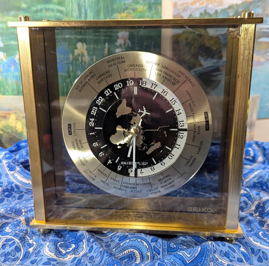 Vintage Seiko Quartz Mantle Brass Clock - Airplane Second Hand 1980s Model