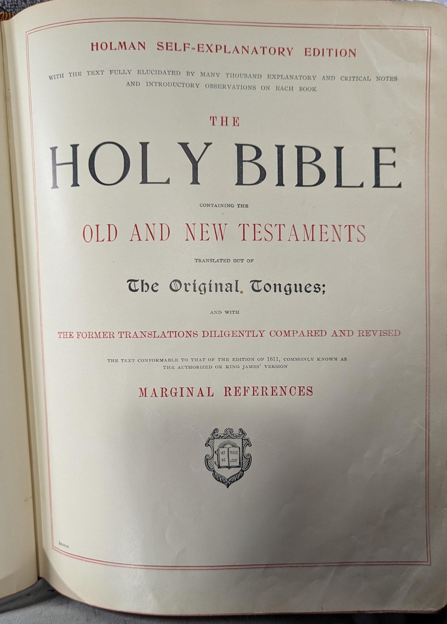 Rare Antique Holman Holy Bible, Illustrated Leather Cover, ca 1900
