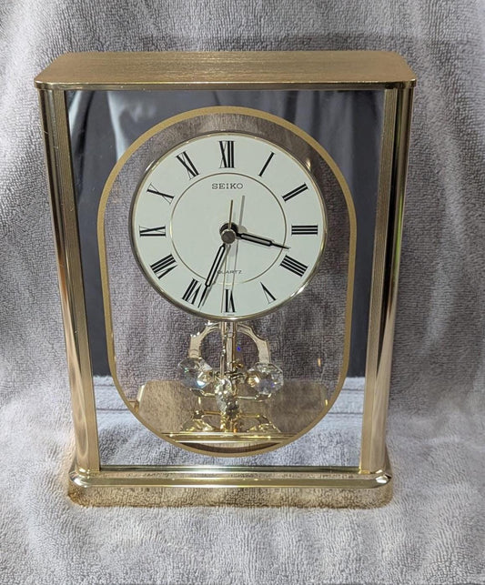 Vintage Seiko Quartz Anniversary Mantle Clock - Carriage Style Rotating Pendulum