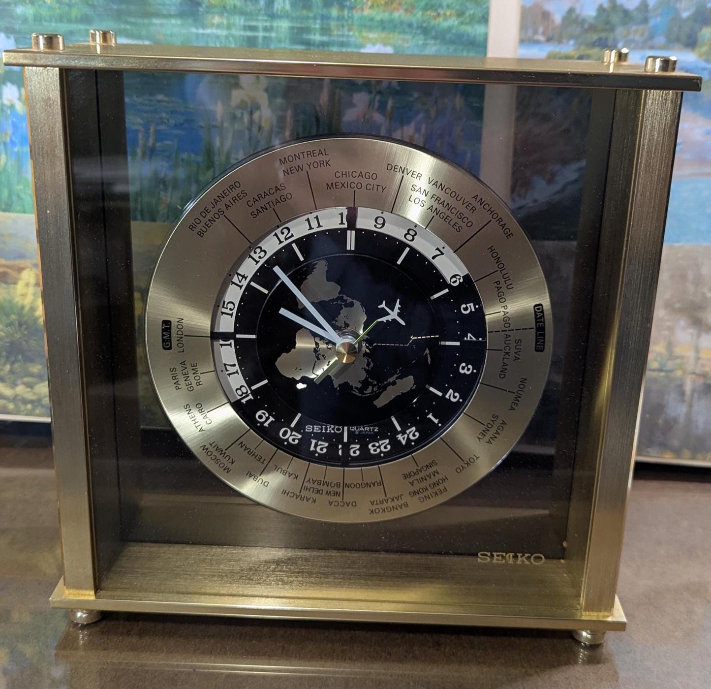 Vintage Seiko 1980s Quartz Mantle Brass Clock Airplane Second Hand Continuous Movement