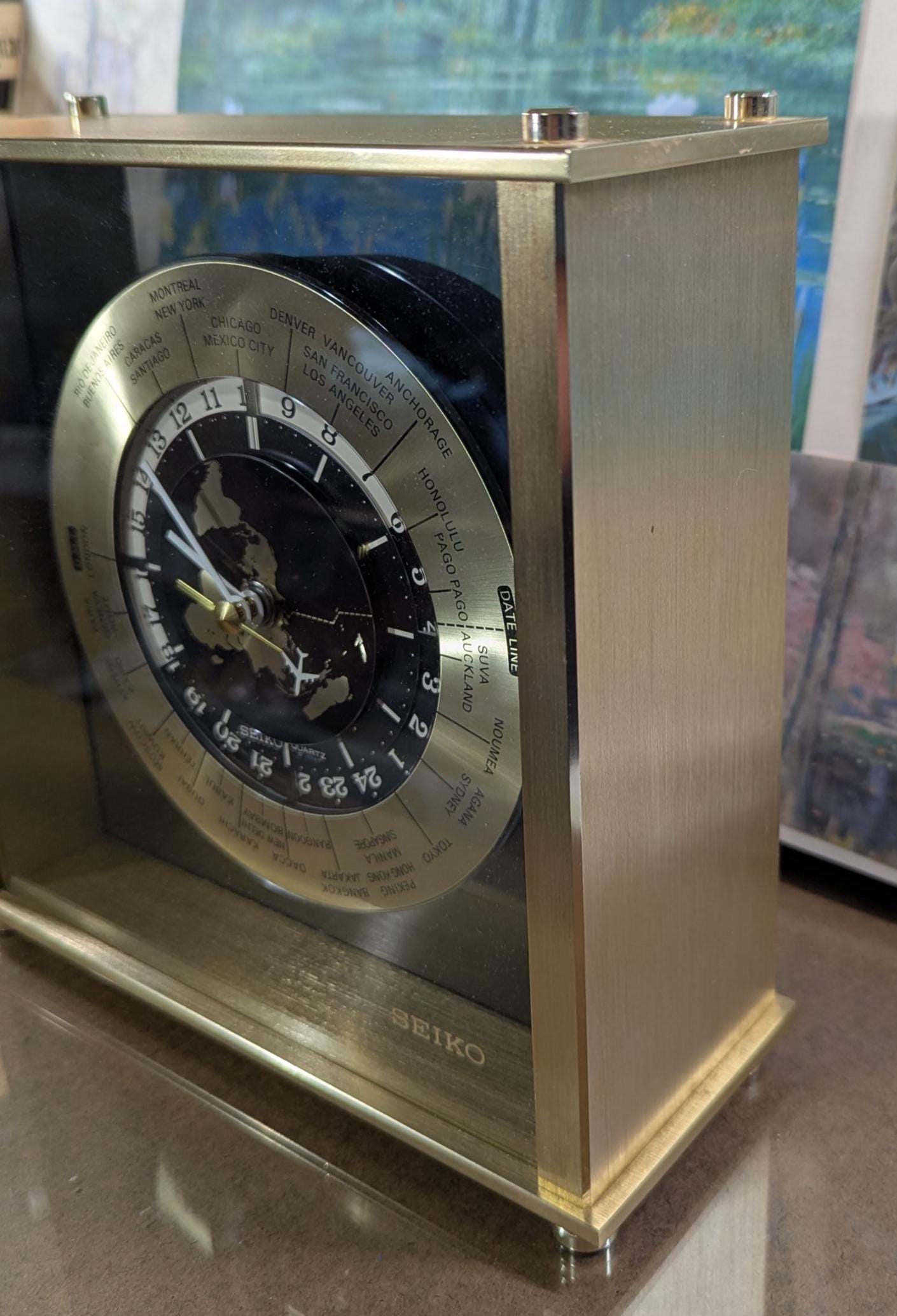 Vintage Seiko 1980s Quartz Mantle Brass Clock Airplane Second Hand Continuous Movement
